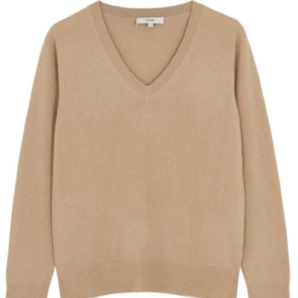 Vince tan v neck 100% cashmere sweater size L EUC - Picture 1 of 8